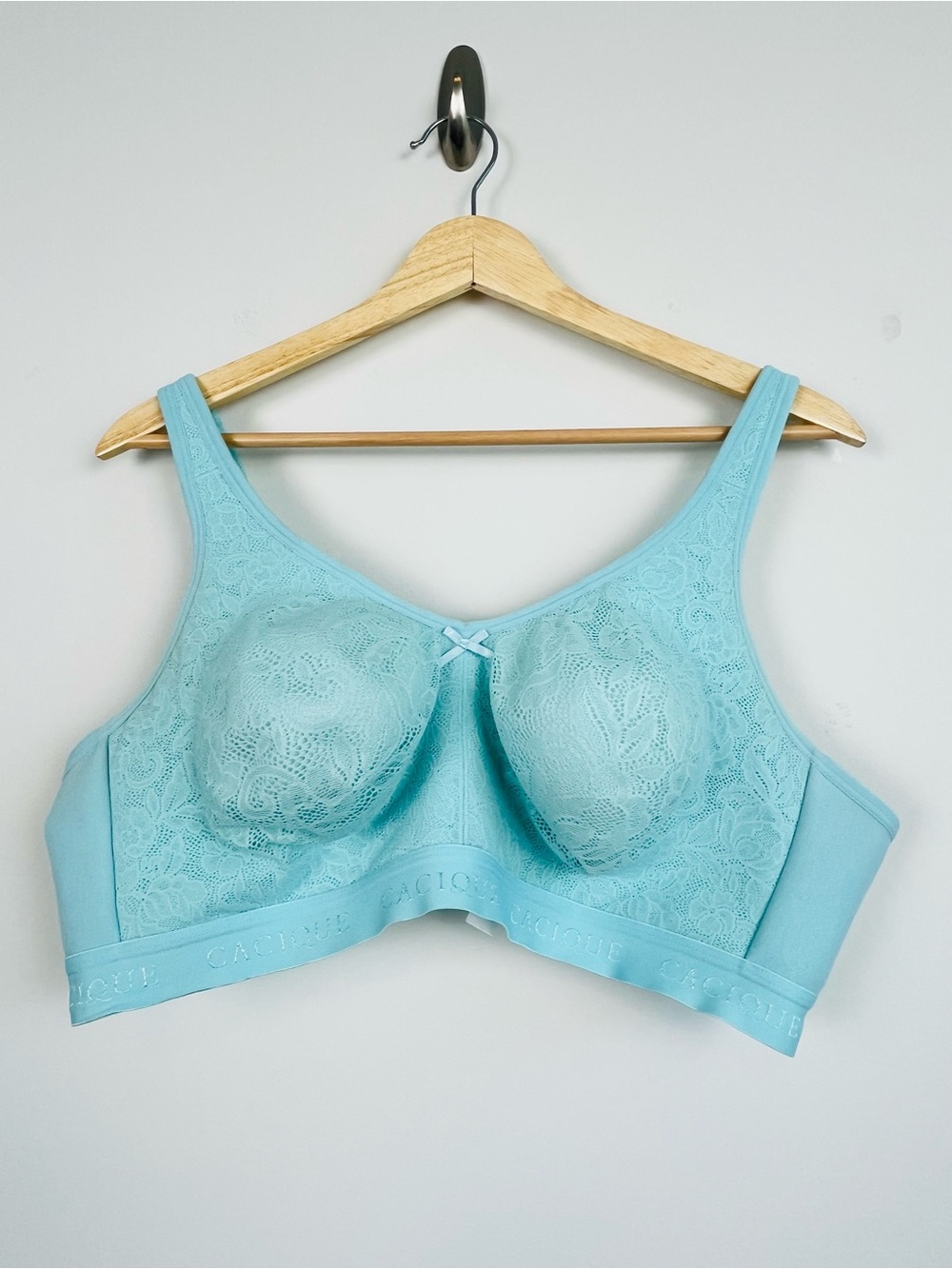 Cacique aqua Unlined Full Coverage No-Wire lace overlay bra, 44C.